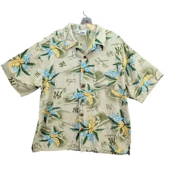 Vintage Lee Sport New York Yankees Hawaiian Shirt Men's Size L Floral Tropical - Picture 2 of 9